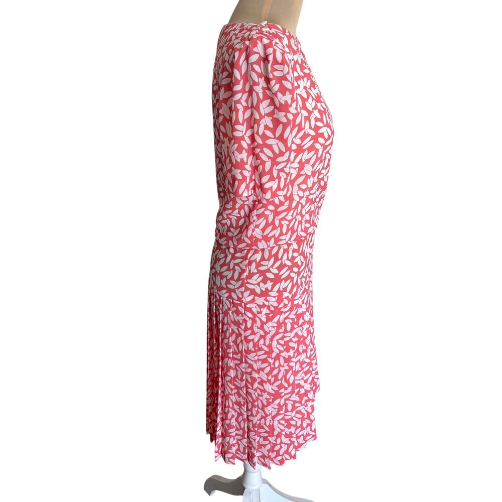 Vintage 80's Diane von Fursteneberg Pleated Leaf Print Blouson Midi Dress 10 - Picture 6 of 10